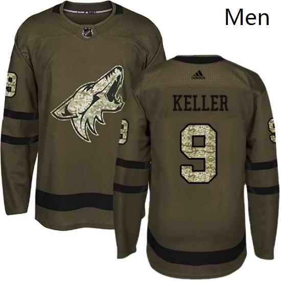 Mens Adidas Arizona Coyotes 9 Clayton Keller Authentic Green Salute to Service NHL Jersey